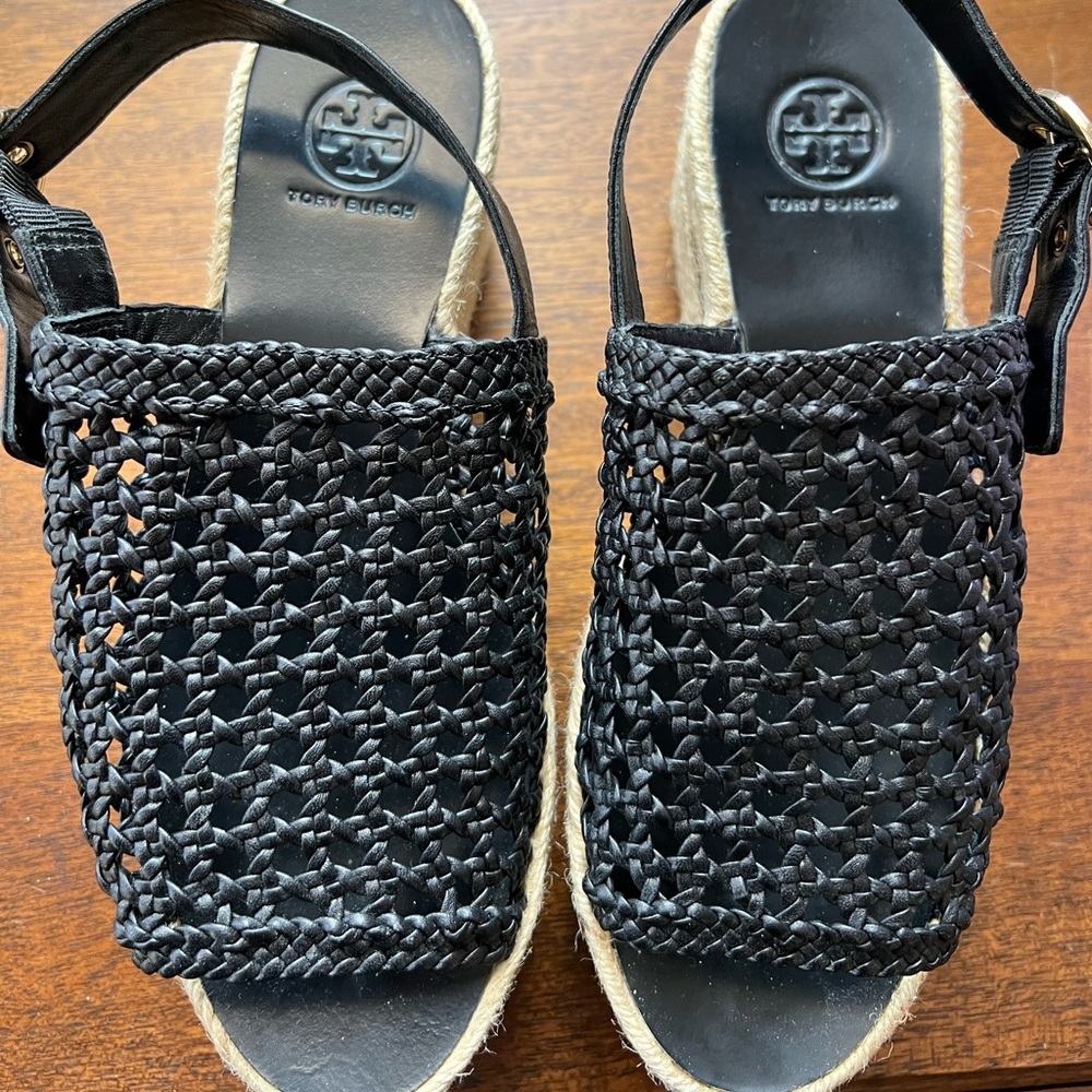 Tory Burch Black Leather Espadrille Platform Sandals